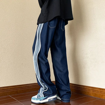 Aidase American Street Trend Handsome Wide Leg Jeans Men Solid Elastic Waist Drawstring Pocket Patchwork Loose Versatile Straight Pants aidase-shop